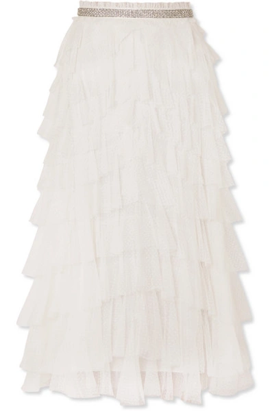 Shop Needle & Thread Leilah Crystal-embellished Ruffled Tulle Midi Skirt In Ivory