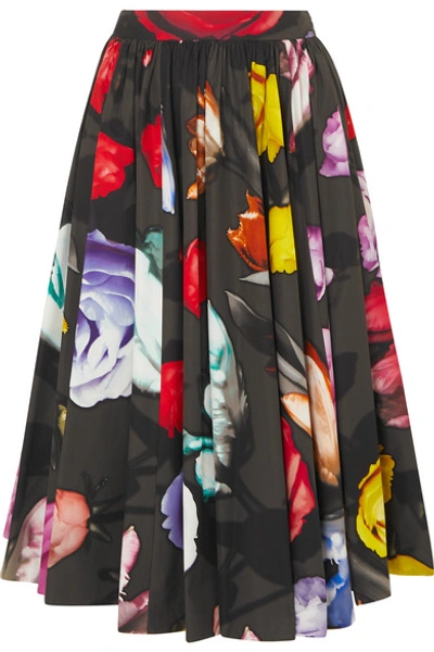 Shop Prada Pleated Floral-print Cotton Midi Skirt In Black