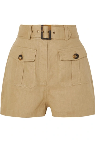 Shop Zimmermann Suraya Belted Linen Shorts In Beige