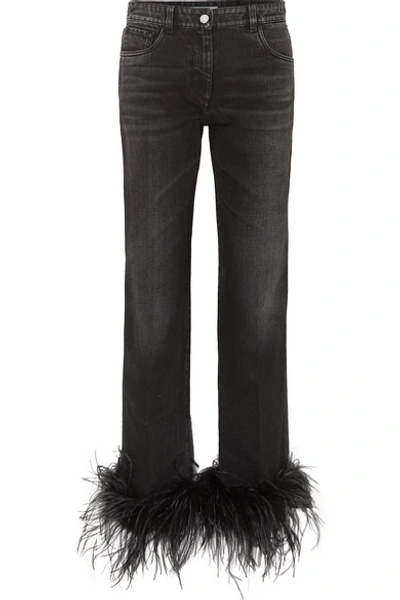 Shop Prada Cropped Feather-trimmed Straight-leg Jeans In Black