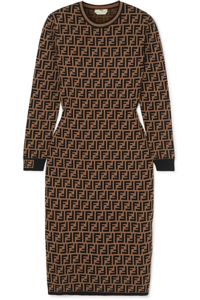 Shop Fendi Jacquard-knit Midi Dress In Brown