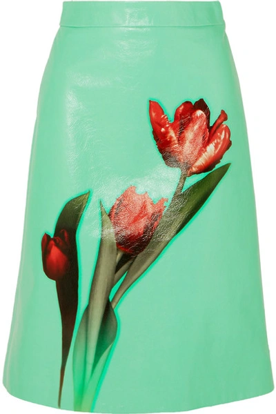 Shop Prada Floral-print Leather Midi Skirt In Green