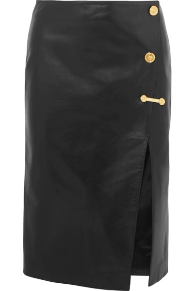 Shop Versace Embellished Leather Skirt In Black