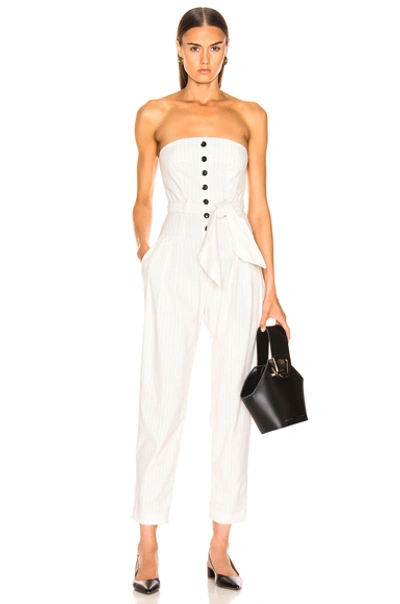 Shop Marissa Webb Nikos Linen Jumpsuit In White Pinstripe