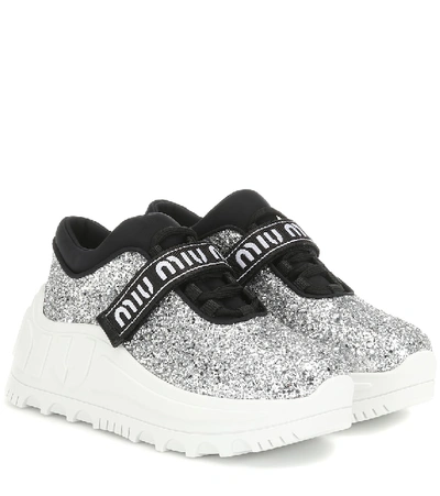 Shop Miu Miu Logo Glitter Sneakers In Silver
