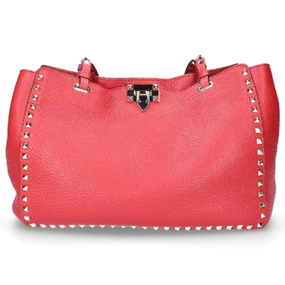 Shop Valentino Leather Rivets Gold Logo Red