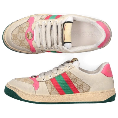 Shop Gucci Sneaker Low Screener  Canvas Kalbsleder Logo Used Beige-kombi In Beige,pink