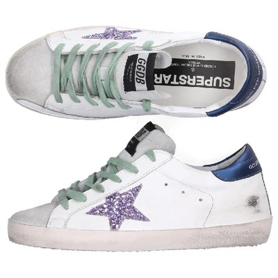 Shop Golden Goose Low-top Sneakers Superstar Calfskin Logo Used Blue Purple White In Purple,white