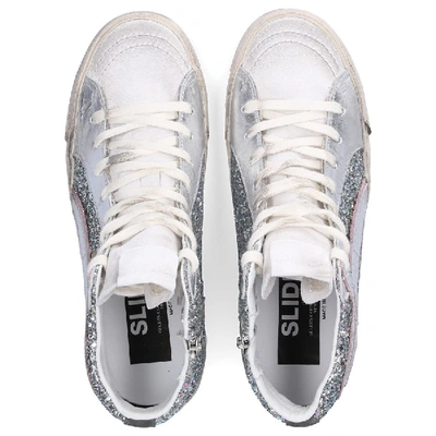 Shop Golden Goose High-top Sneakers Slide Calfskin Glitter Glitter Logo Silver