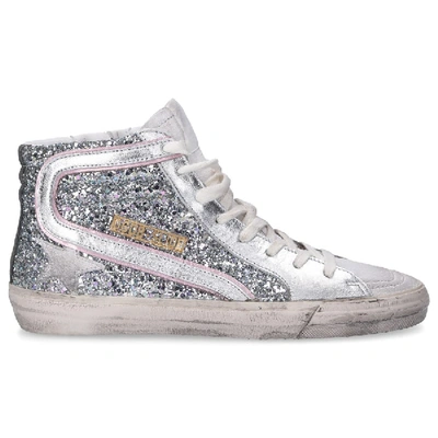 Shop Golden Goose High-top Sneakers Slide Calfskin Glitter Glitter Logo Silver