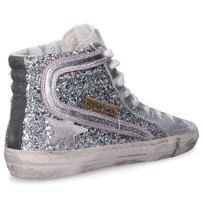 Shop Golden Goose High-top Sneakers Slide Calfskin Glitter Glitter Logo Silver