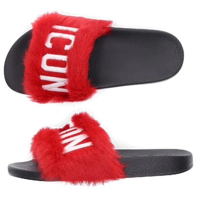 Shop Dsquared2 Slippers Lapin  Fur Logo Black Red