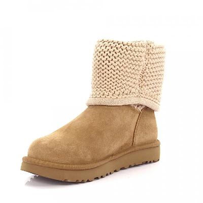 Shop Ugg Ankle Boots Shaina  Calfskin Knit Suede Logo Beige-combo