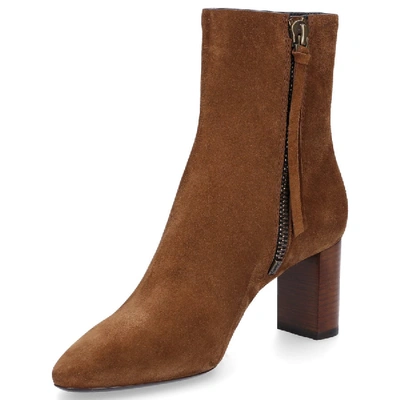 Shop Saint Laurent Ankle Boots Lou  Suede Logo Beige