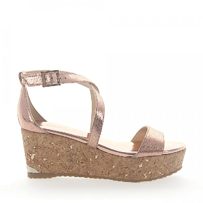 Shop Jimmy Choo Wedge Sandals Portia Leather Metallic Rosè Embossed In Pink