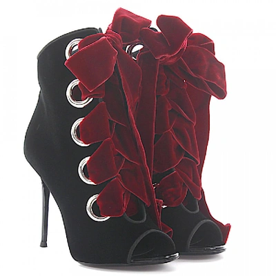 Shop Giuseppe Zanotti Ankle Boots Velvet Metal Eyelets Ribbon Black Red Silver