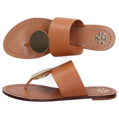 Shop Tory Burch Flip Flops Patos Calfskin Logo Brown