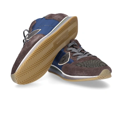 Shop Philippe Model Low-top Sneakers Tropez  Suede Textile Logo Patch Blue Brown-combo In Grey