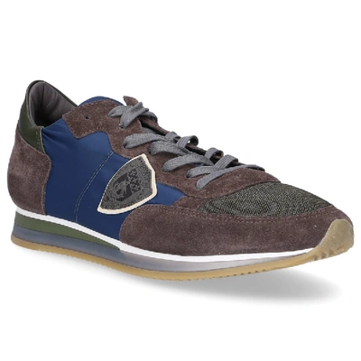 Shop Philippe Model Low-top Sneakers Tropez  Suede Textile Logo Patch Blue Brown-combo In Grey