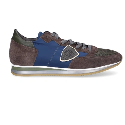 Shop Philippe Model Low-top Sneakers Tropez  Suede Textile Logo Patch Blue Brown-combo In Grey