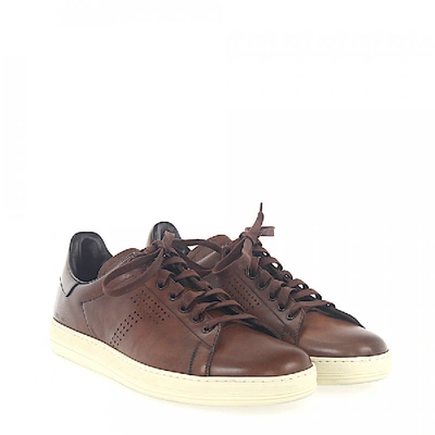 Shop Tom Ford Sneaker Smooth Leather Hole Pattern Logo Brown
