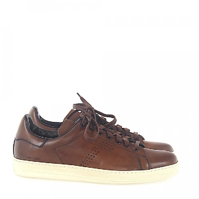 Shop Tom Ford Sneaker Smooth Leather Hole Pattern Logo Brown