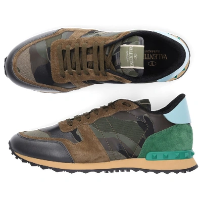 Shop Valentino Low-top Sneakers Rockrunner Calfskin Suede Logo Green Khaki Olive In Green,olive