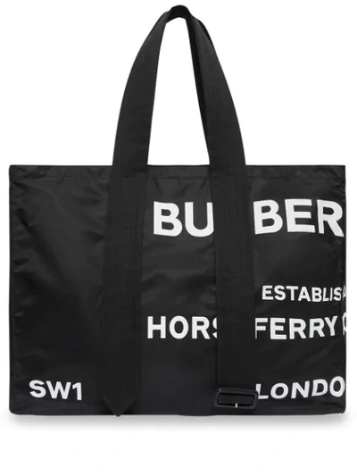 Shop Burberry Belt Detail Horseferry Print Nylon Tote In Black/white