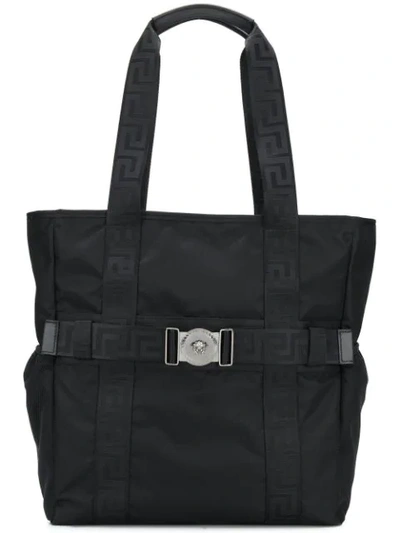 Shop Versace Greca Ribbon Tote Bag In Black