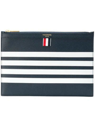 Shop Thom Browne 4-bar Stripe Leather Tablet Holder In Blue