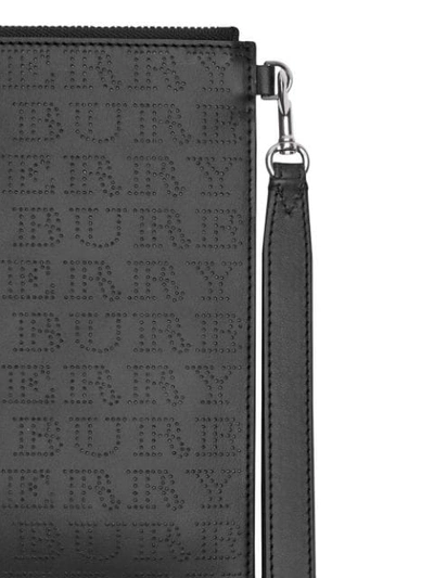 Shop Burberry Perforated Logo Leather Zip Pouch - Black