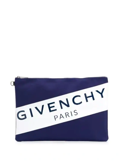 Shop Givenchy Logo Zipped Clutch In Blue