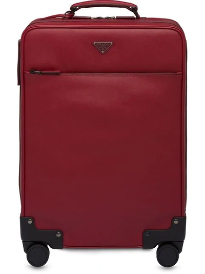 Shop Prada Saffiano Leather Wheeled Carry-on In Red
