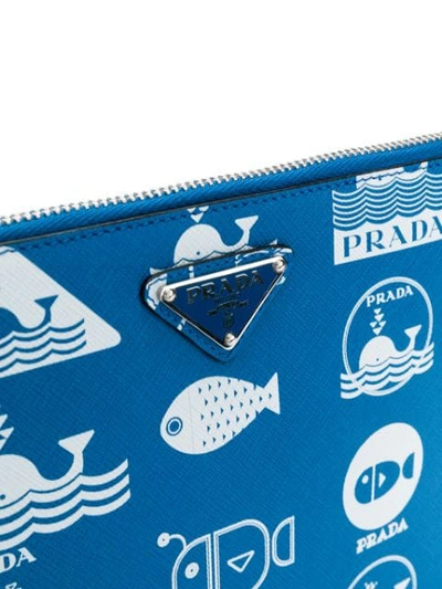 Shop Prada Fish Print Clutch In Blue