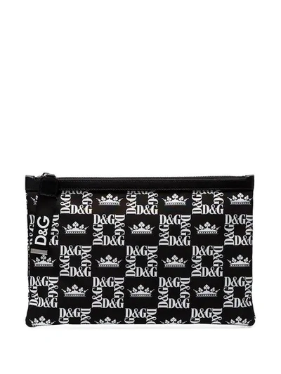 Shop Dolce & Gabbana Black Crown Print Canvas Pouch Bag