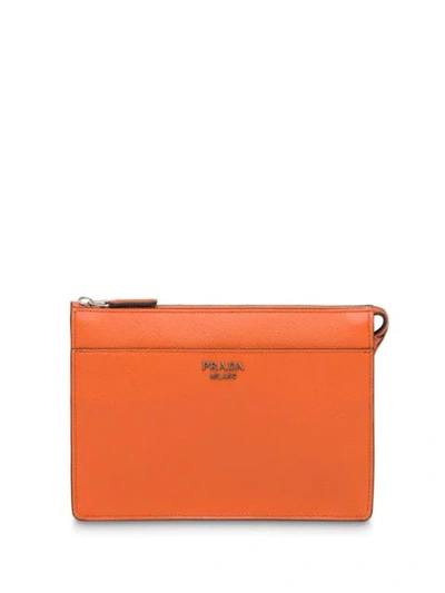 Shop Prada Saffiano Leather Pouch In Orange