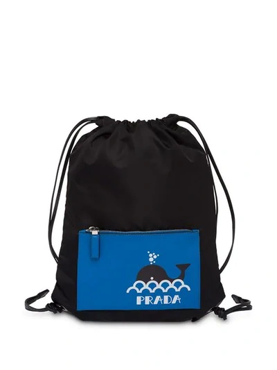 Shop Prada Black And Blue Whale Print Drawstring Backpack