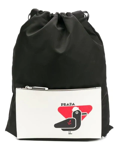 Shop Prada Bird Patch Drawstring Backpack In Black