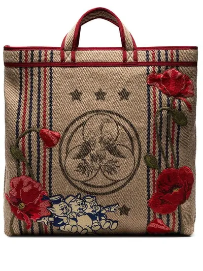 Shop Gucci Beige Floral Embroidered Pig Patch Jute Tote Bag In Brown