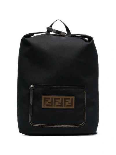 Shop Fendi Black Logo Embroidered Buckle Backpack