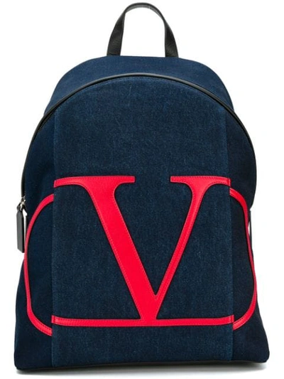 Shop Valentino Vlogo Denim Backpack In Blue
