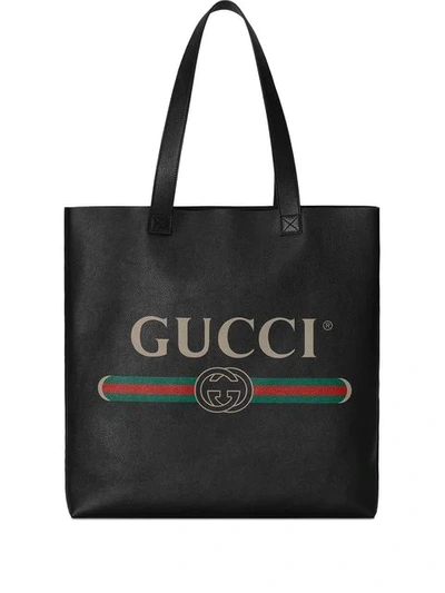 Shop Gucci Logo-print Leather Tote Bag In Black