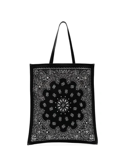 Shop Saint Laurent Black Bandana Print Leather Trim Cotton Tote Bag