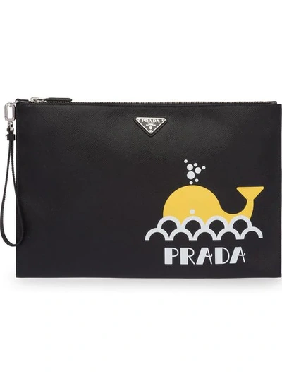 Shop Prada Whale Motif Saffiano Leather Clutch In Black