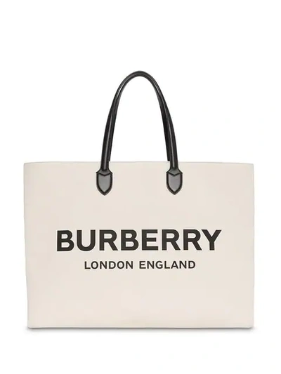 Shop Burberry Logo Detail Cotton Blend Tote In Neutrals