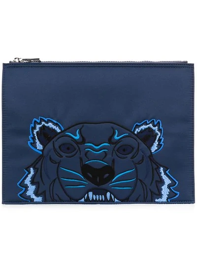 Shop Kenzo Embroidered Tiger Clutch Bag - Blue