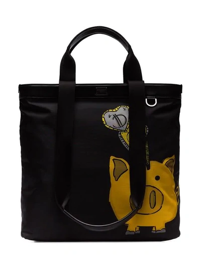 Shop Dolce & Gabbana Black Pig Print Multi-strap Tote Bag