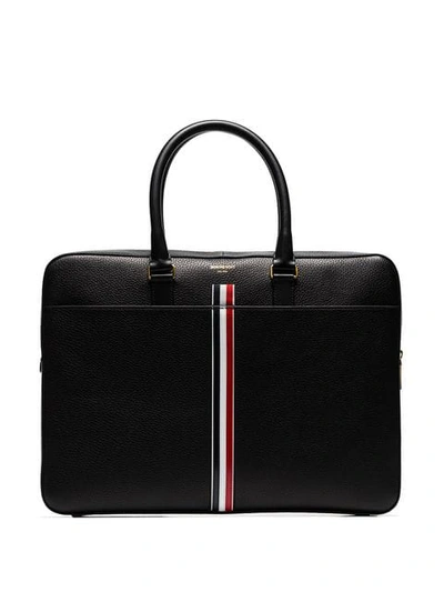 Shop Thom Browne Black Tricolour Logo Stripe Leather Laptop Bag