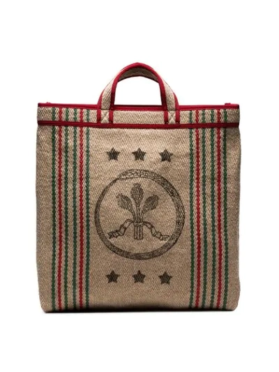 GUCCI BEIGE JUTA ARLES PRINT STRAW TOTE BAG - 棕色