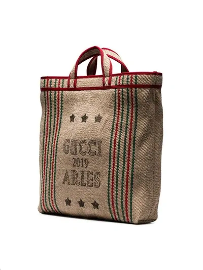 Shop Gucci Beige Juta Arles Print Straw Tote Bag In Brown